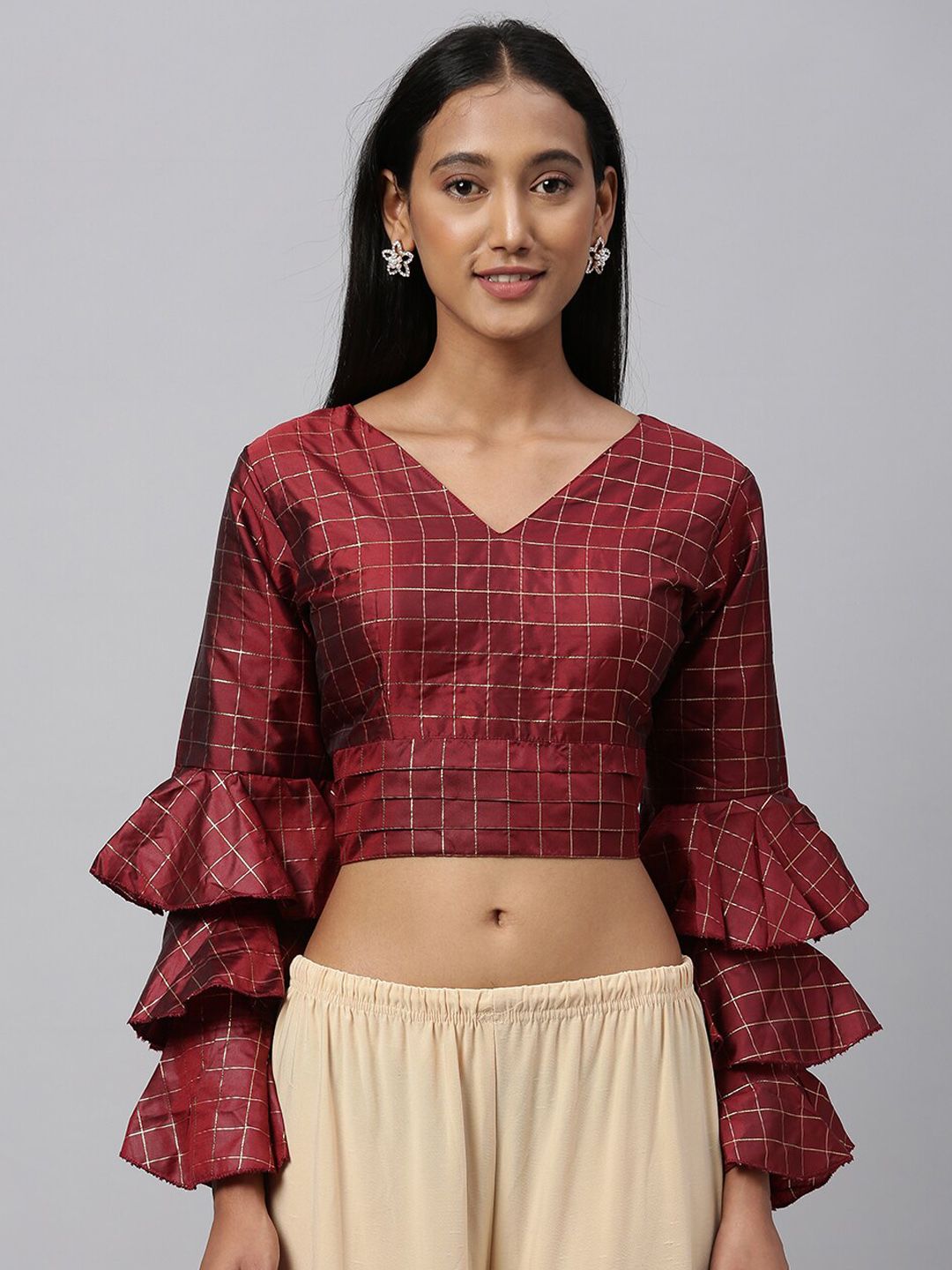 Fab Viva Maroon & Silver-Coloured Checked Saree Blouse Price in India