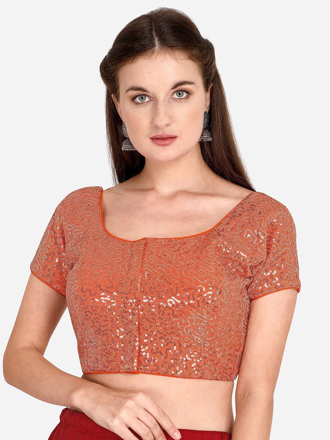 Fab Viva Women Orange Sequences Work Net Blouse Price in India