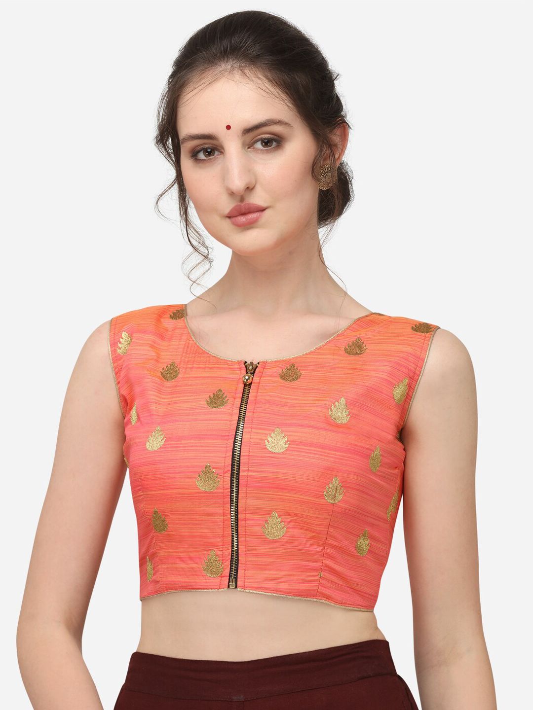 Fab Viva Peach-Coloured & Gold-Coloured Embroidered Saree Blouse Price in India