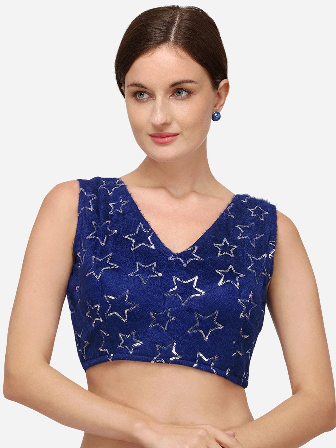 Fab Viva Women Navy Blue Sequenced Embroidered Ready Made Saree Blouse Price in India