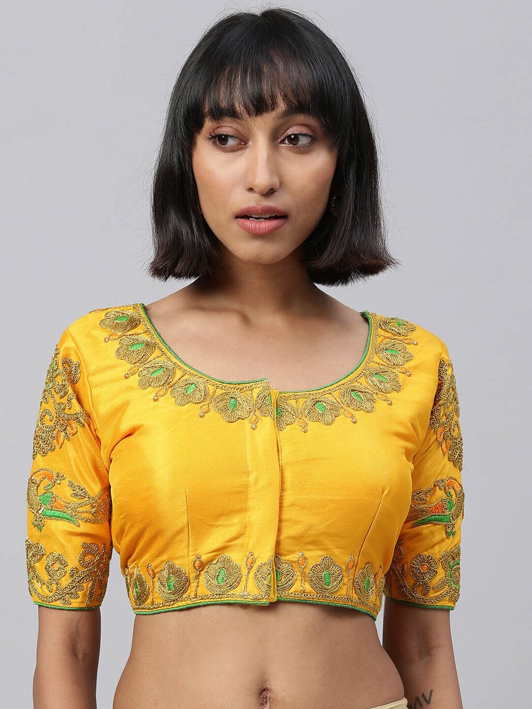 Fab Viva Women Yellow Embroidered Saree Blouse Price in India