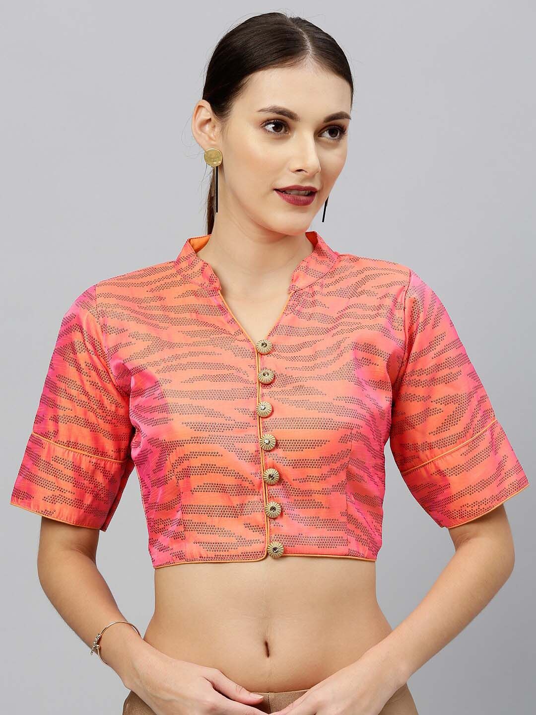 Fab Viva Peach-Colored Printed Silk Saree Blouse Price in India