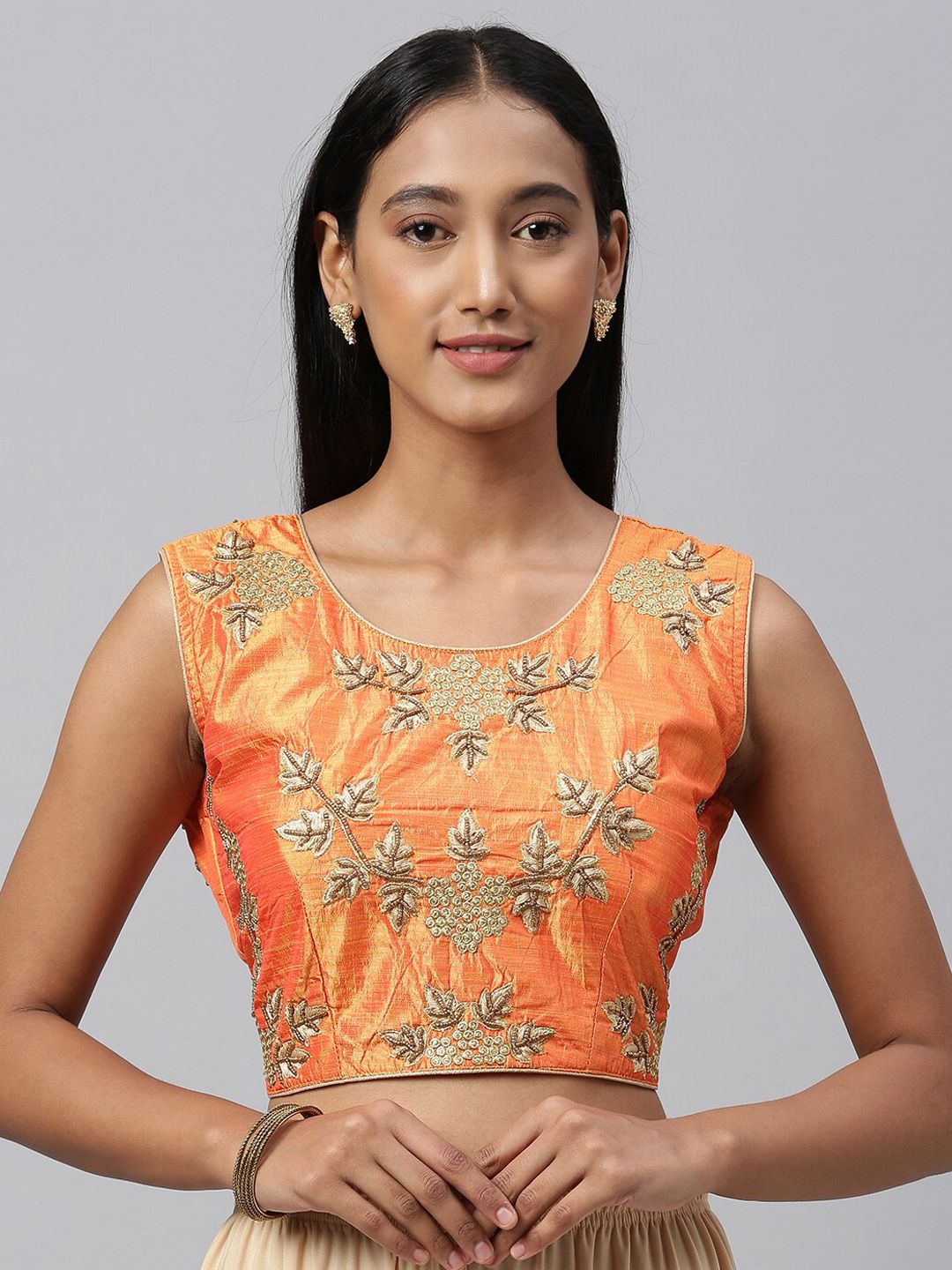 Fab Viva Women Orange Embroidered Saree Blouse Price in India