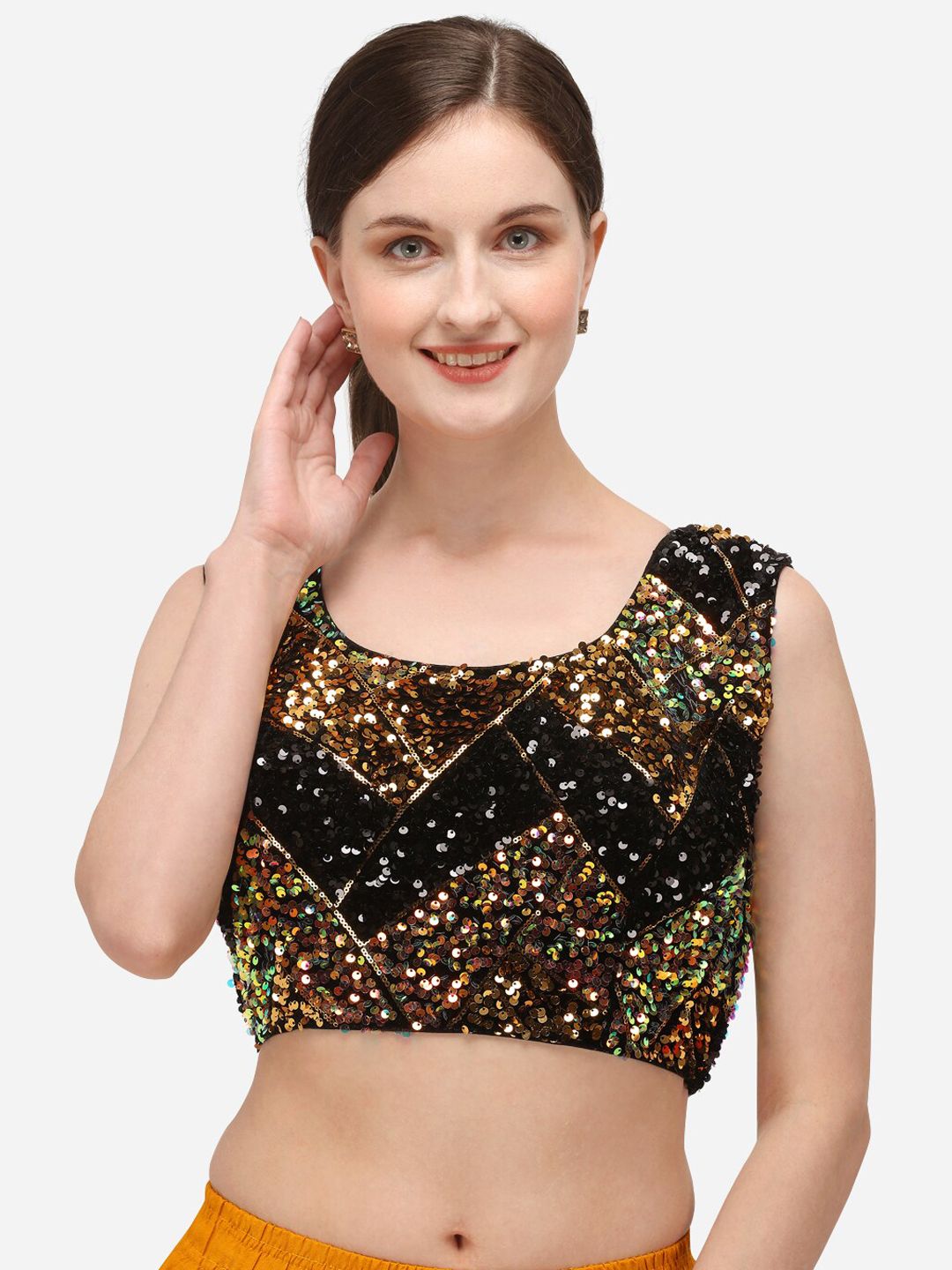 Fab Viva Women Black Embroidered & Sequence Velvet Saree Blouse Price in India