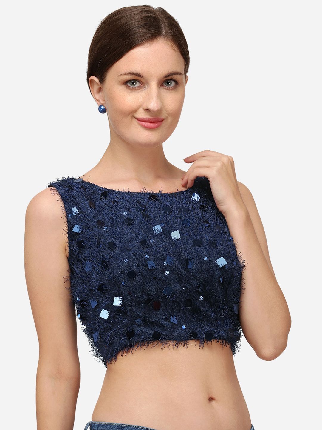 Fab Viva Navy Blue Sequinned  Saree Blouse Price in India