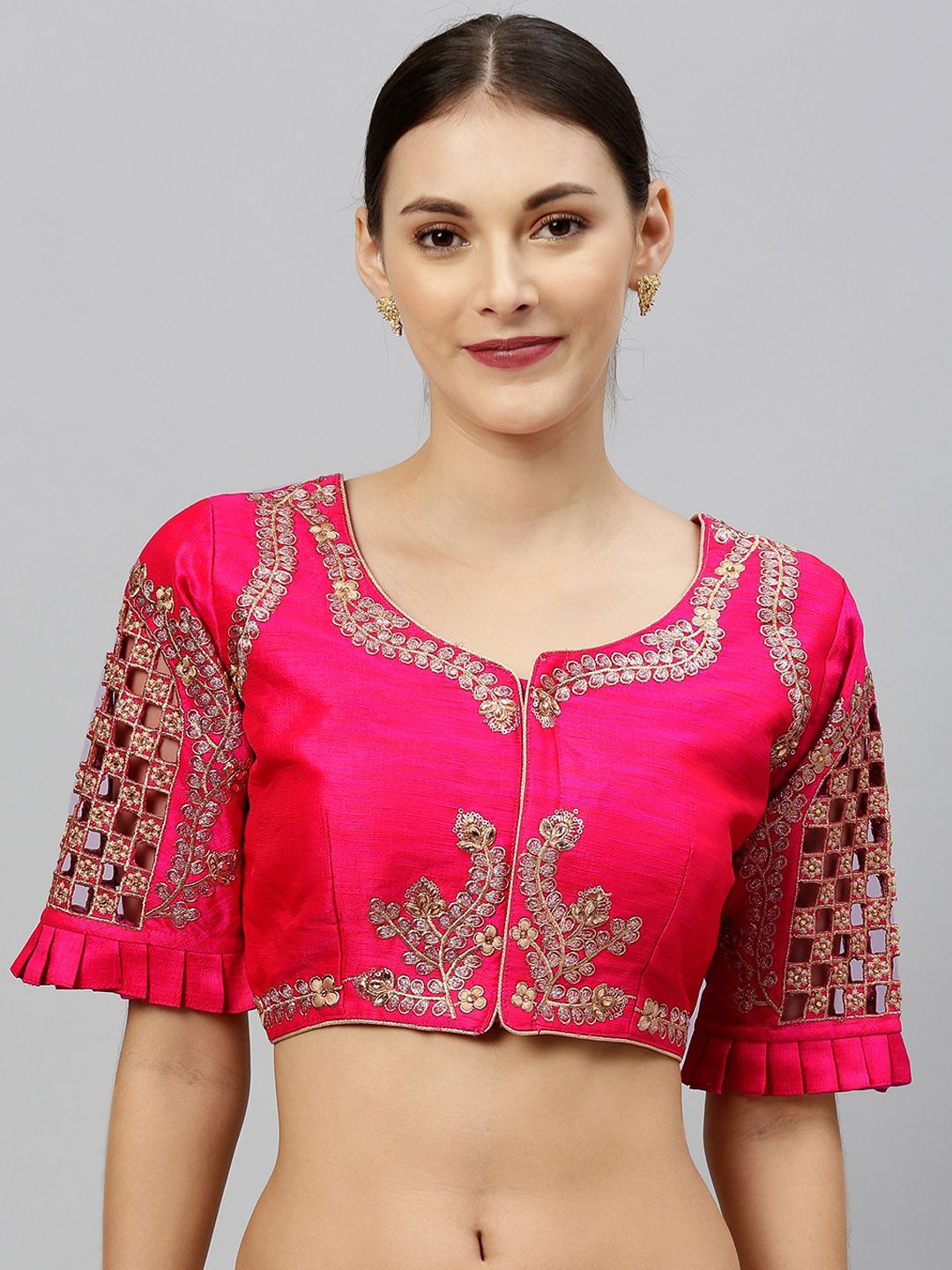 Fab Viva Pink & Gold-Coloured Embroidered Saree Blouse Price in India