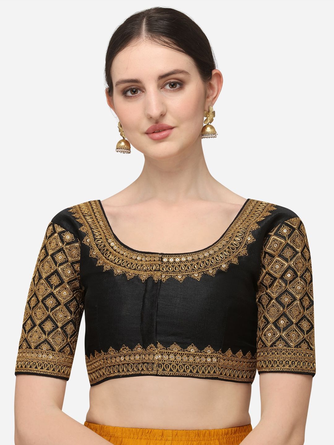 Fab Viva Women Black & Gold Embroidered Silk Saree Blouse Price in India