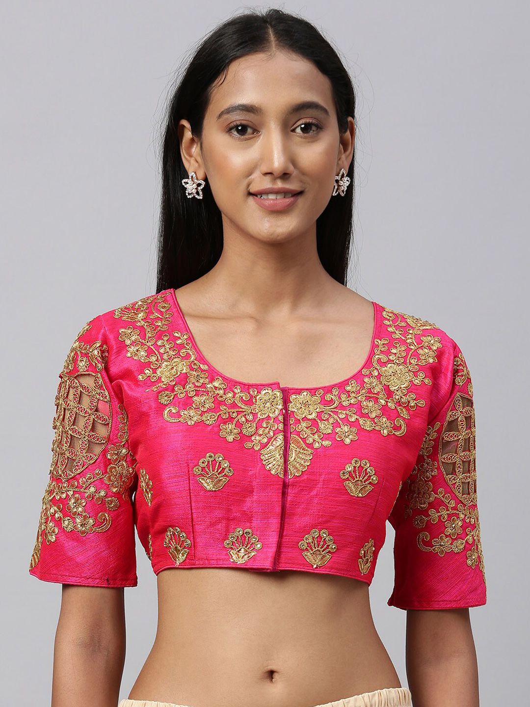 Fab Viva Pink & Gold-Coloured Embroidered Saree Blouse Price in India