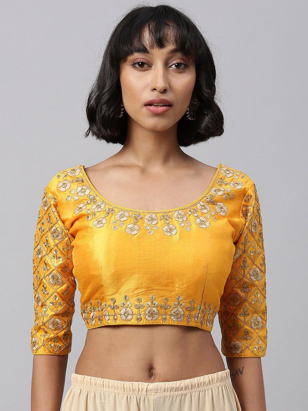 Fab Viva Women Yellow Embroidered Saree Blouse Price in India