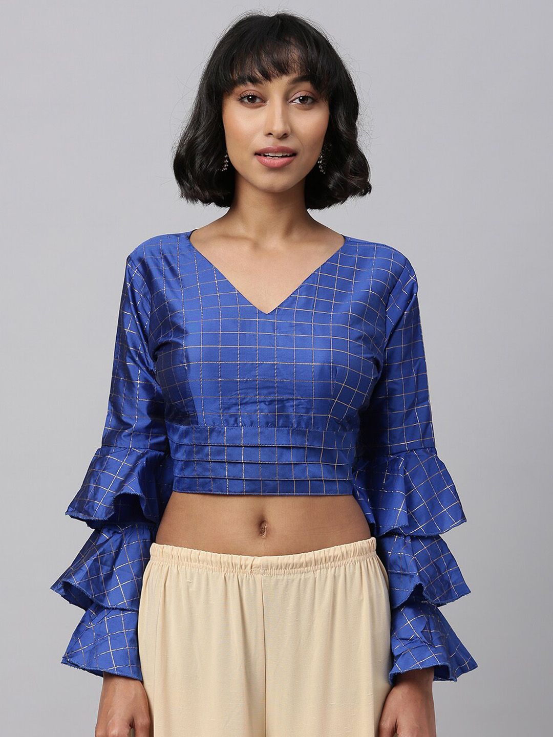 Fab Viva Women Blue & Gold-Colored Checked Saree Blouse Price in India