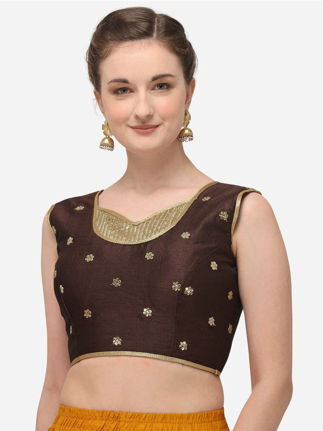Fab Viva Women Brown & Gold-Coloured Embroidered Saree Blouse Price in India
