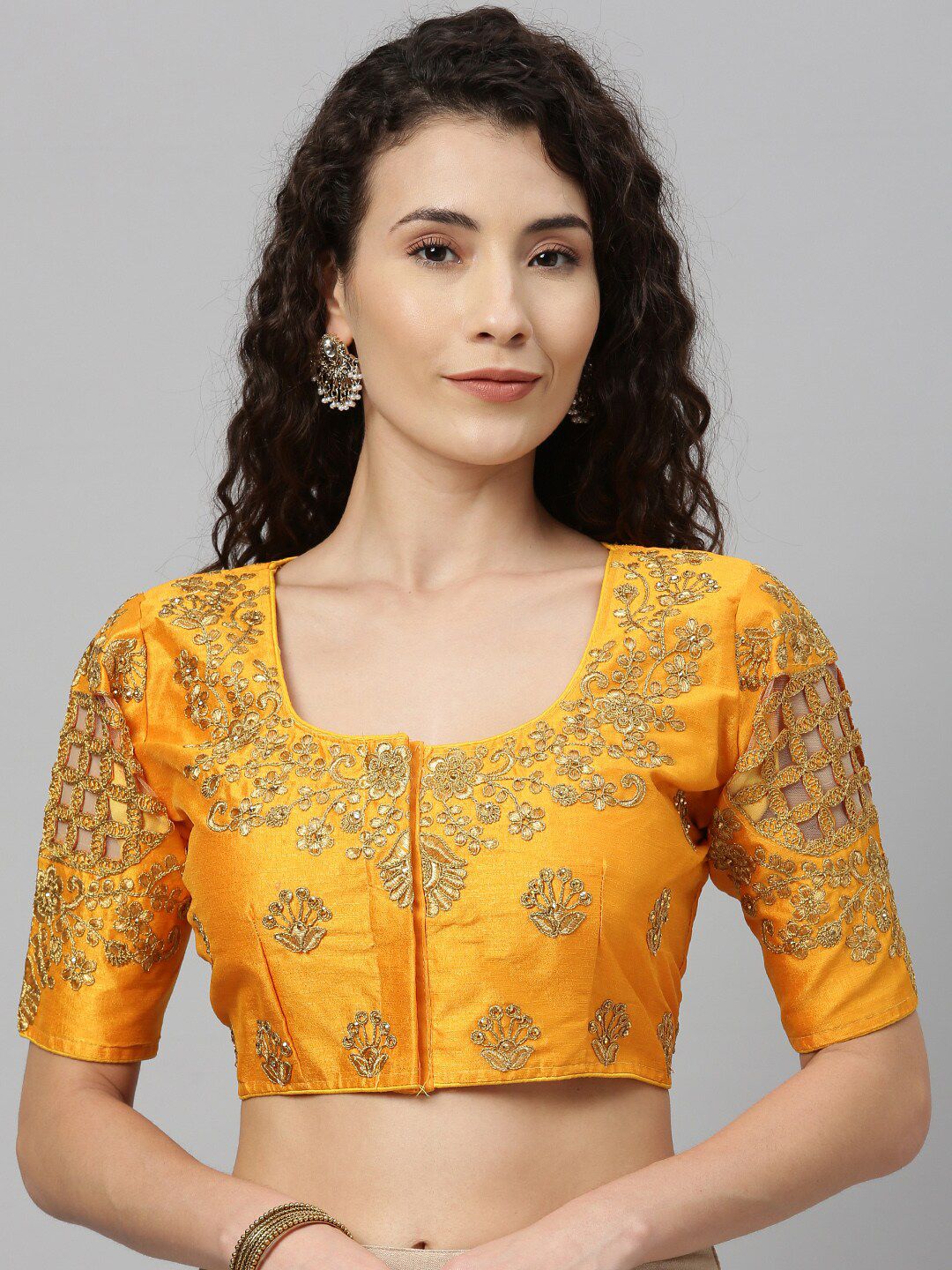 Fab Viva Women Yellow & Gold-Toned Embroidered Silk Saree Blouse Price in India