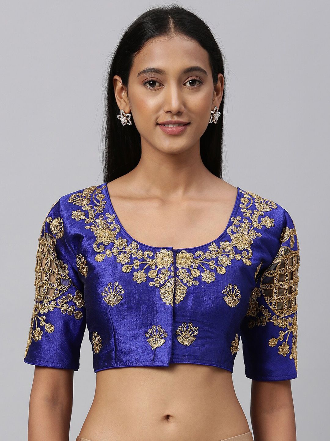 Fab Viva Women Blue & Gold-Toned Embroidered Silk Saree Blouse Price in India