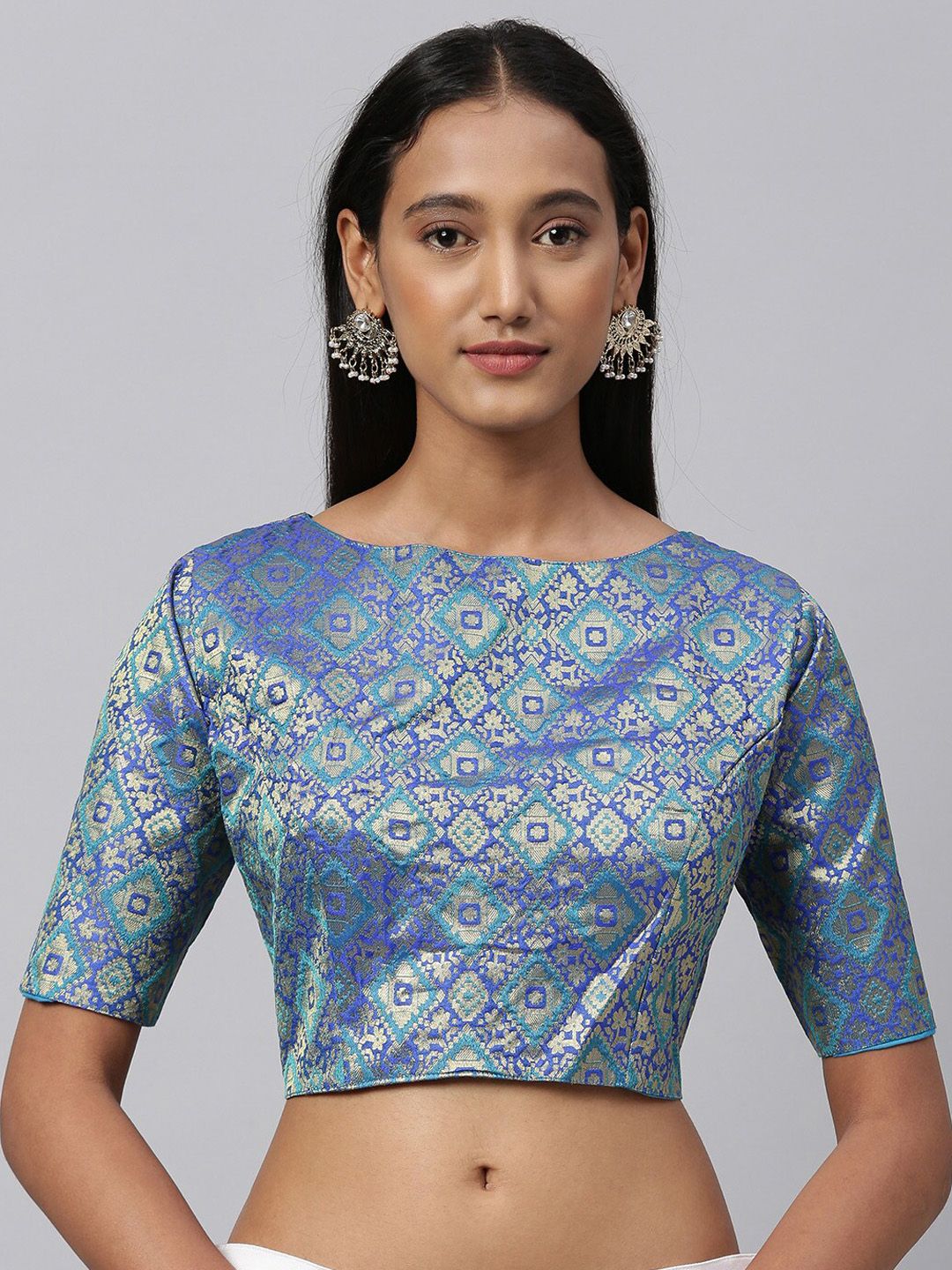 Fab Viva Blue Woven Design Jacquard Readymade Saree Blouse Price in India