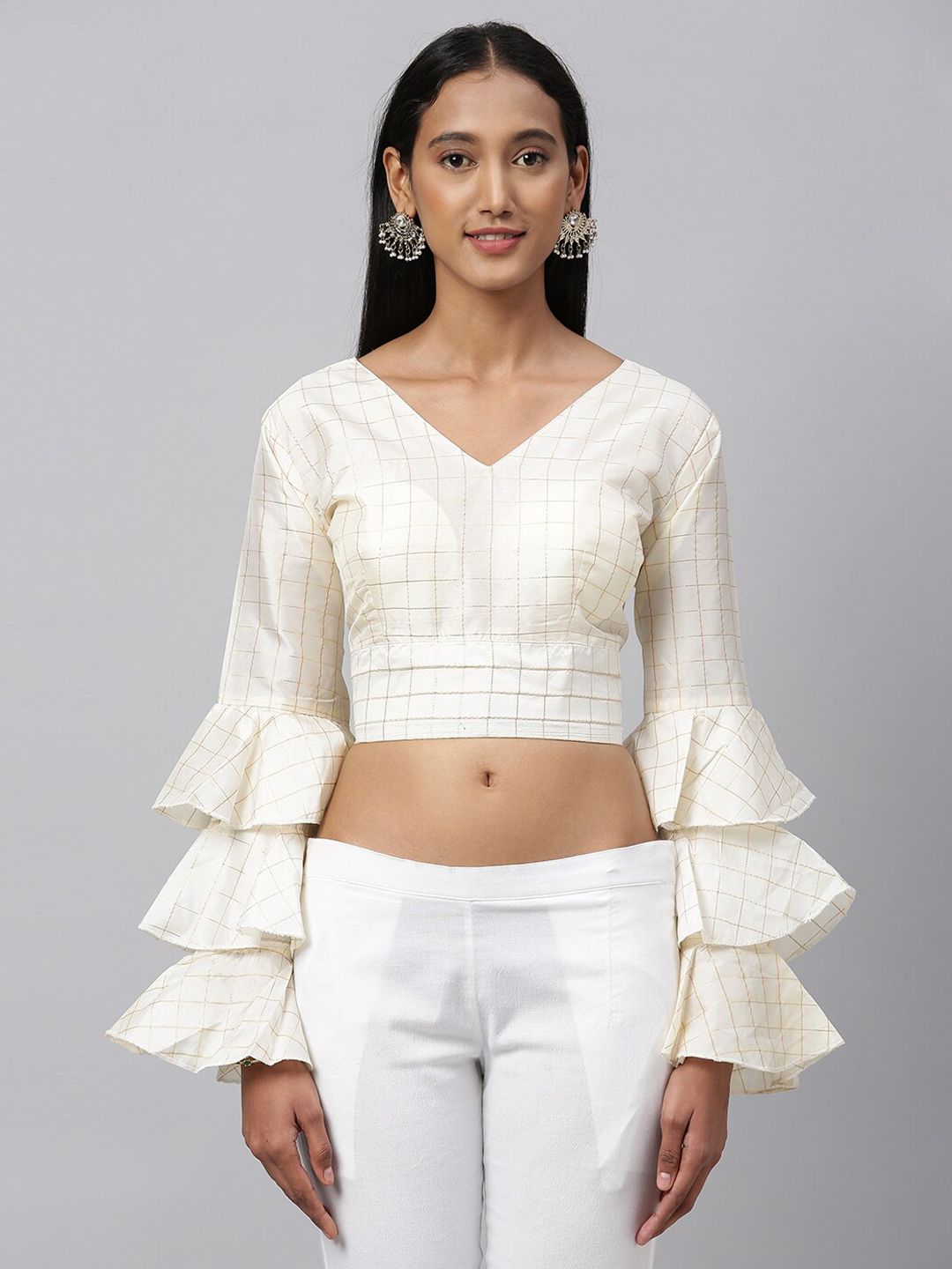 Fab Viva Off-White Checked Fusion Silk Saree Blouse Price in India