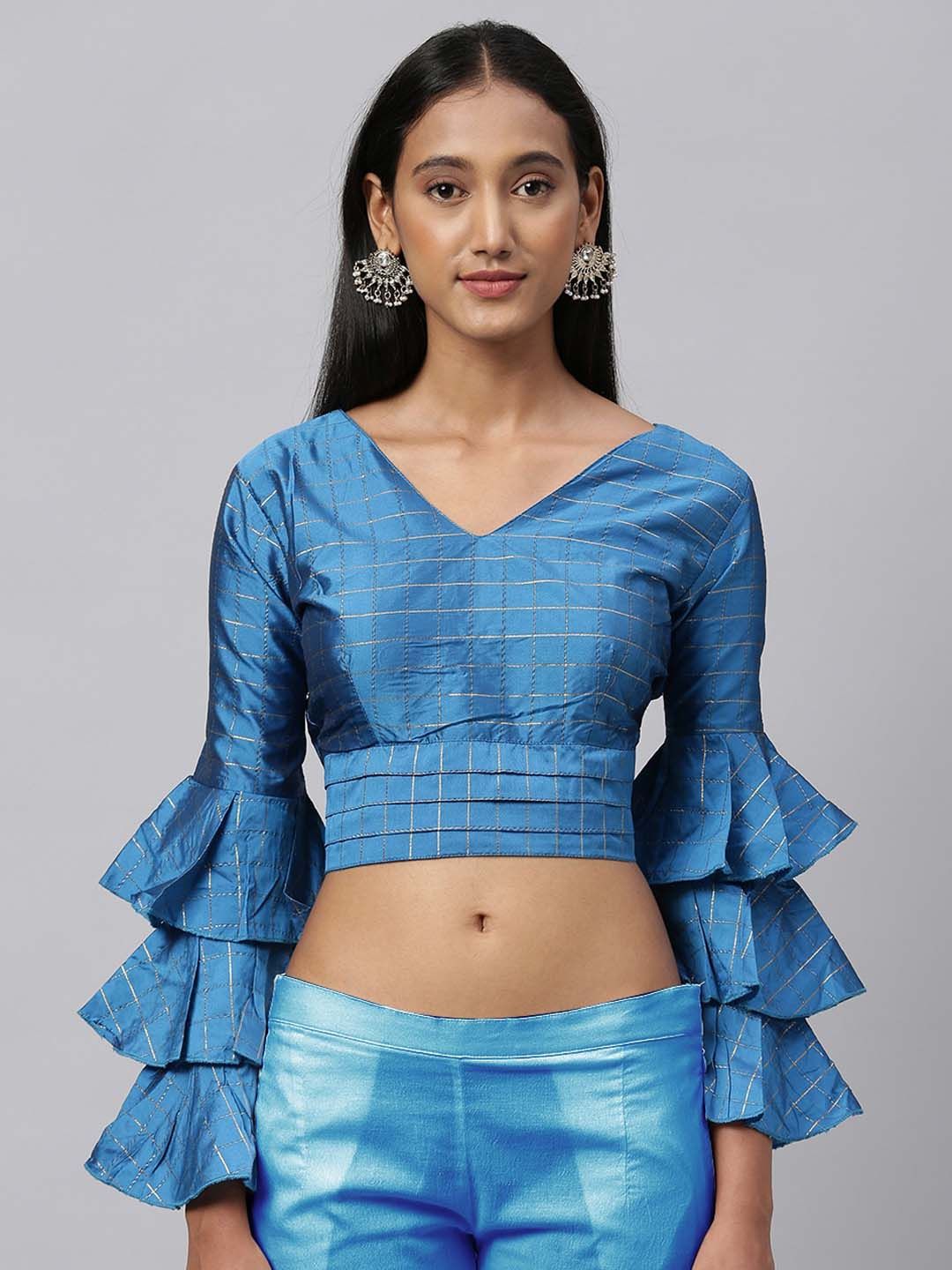 Fab Viva Women Turquoise Blue Checked Fusion Readymade Saree Blouse Price in India