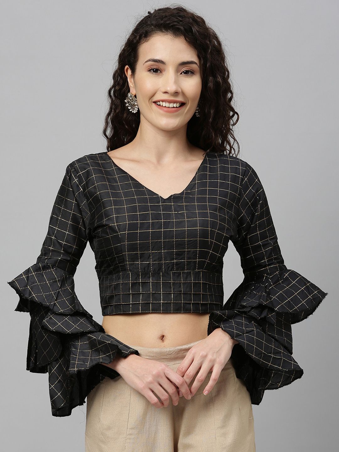 Fab Viva Women Black & Gold-Colored Checked Fusion Saree Blouse Price in India