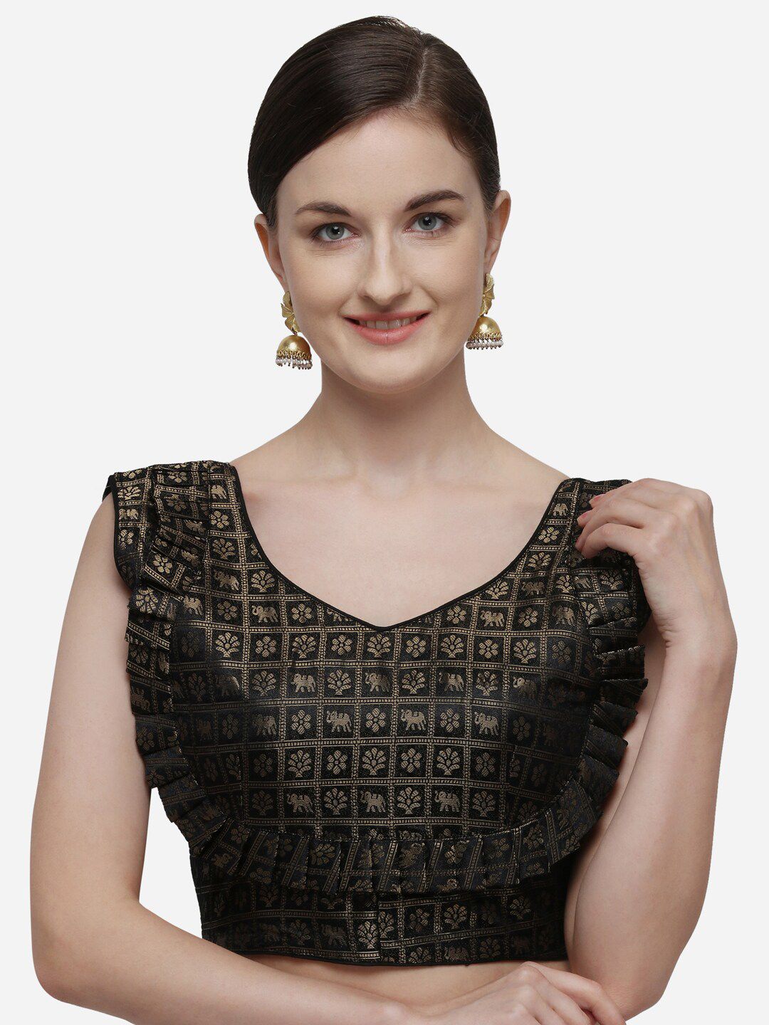 Fab Viva Women Black Jacquard Brocade Readymade Saree Blouse Price in India