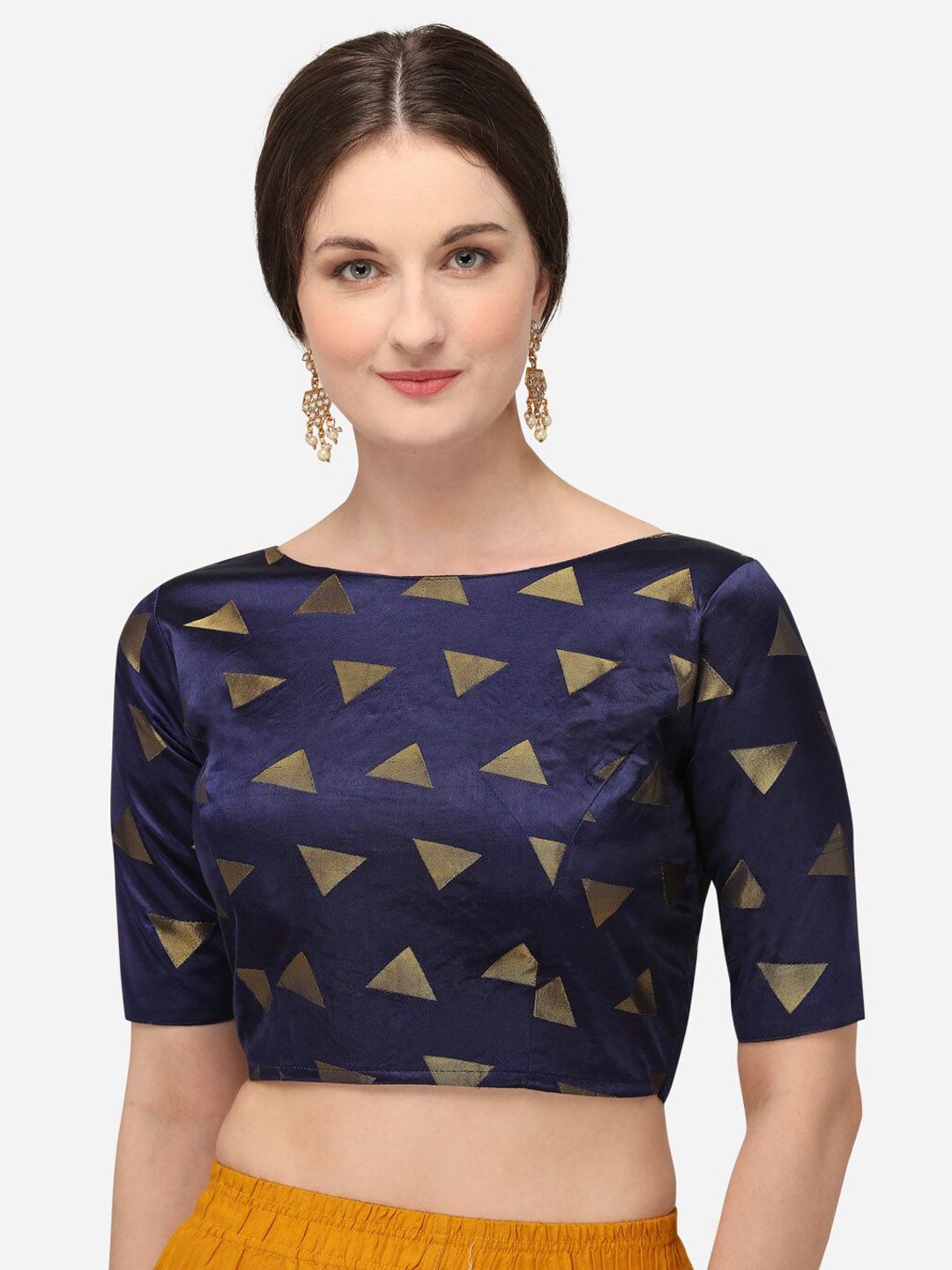 Fab Viva Navy Blue & Gold-Coloured Printed Saree Blouse Price in India
