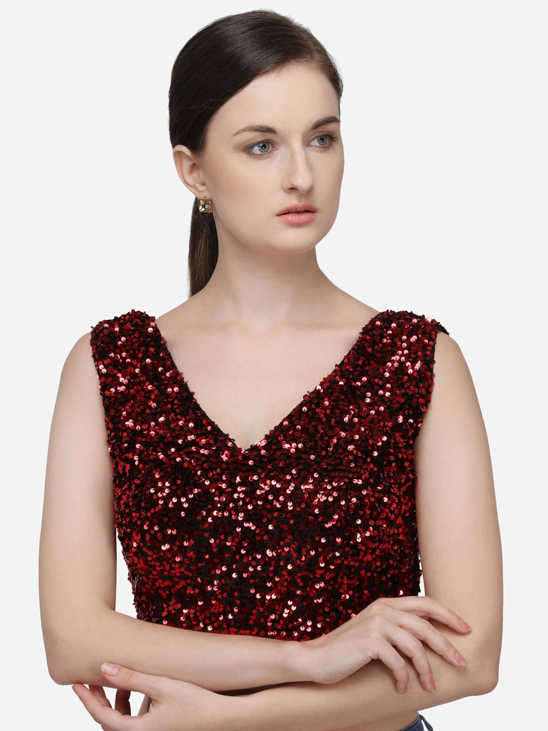 Fab Viva Women Red & Black Sequined Velvet Saree Blouse Price in India