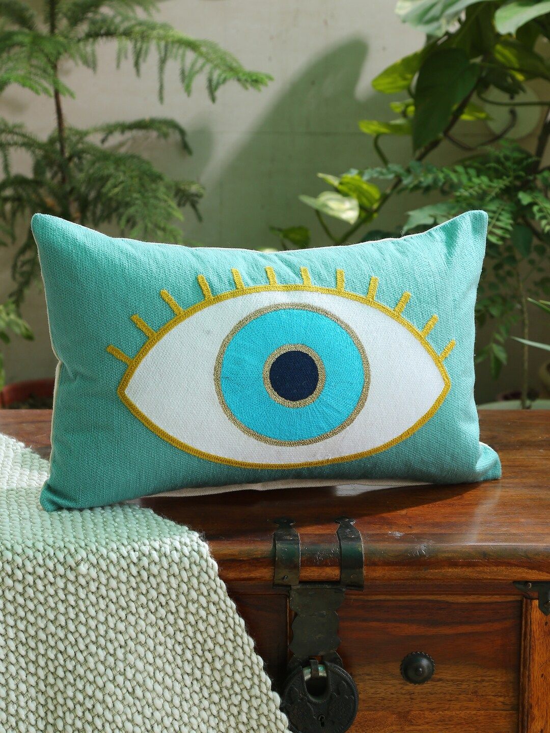 Amoliconcepts Adults Blue & White Embroidered Rectangle Cushion Cover Price in India