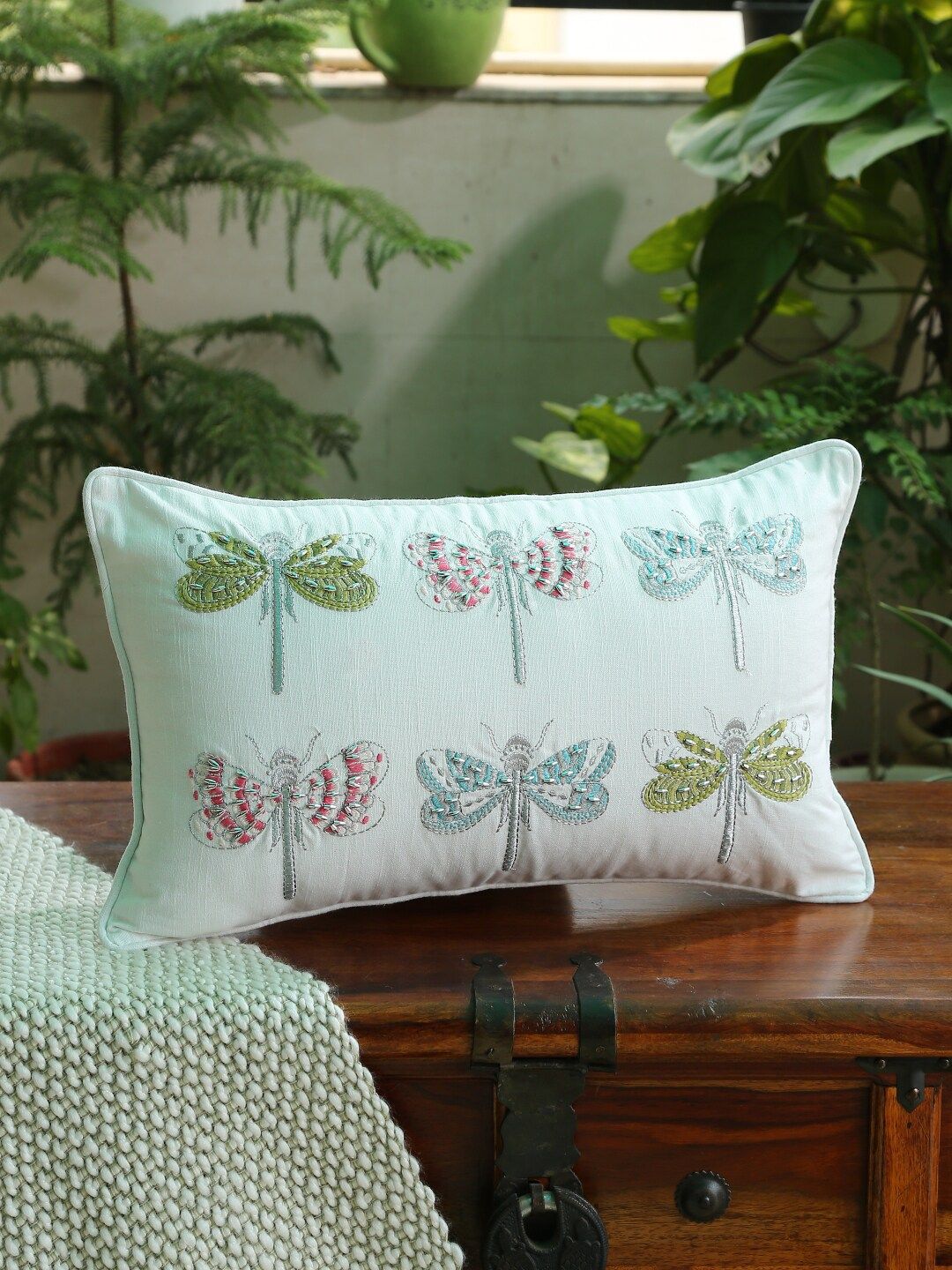 Amoliconcepts Off White & Pink Embroidered Rectangle Cushion Covers Price in India