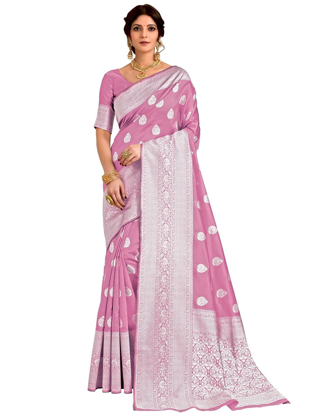 SARIYA Pink & Silver-Toned Ethnic Motifs Silk Blend Banarasi Saree