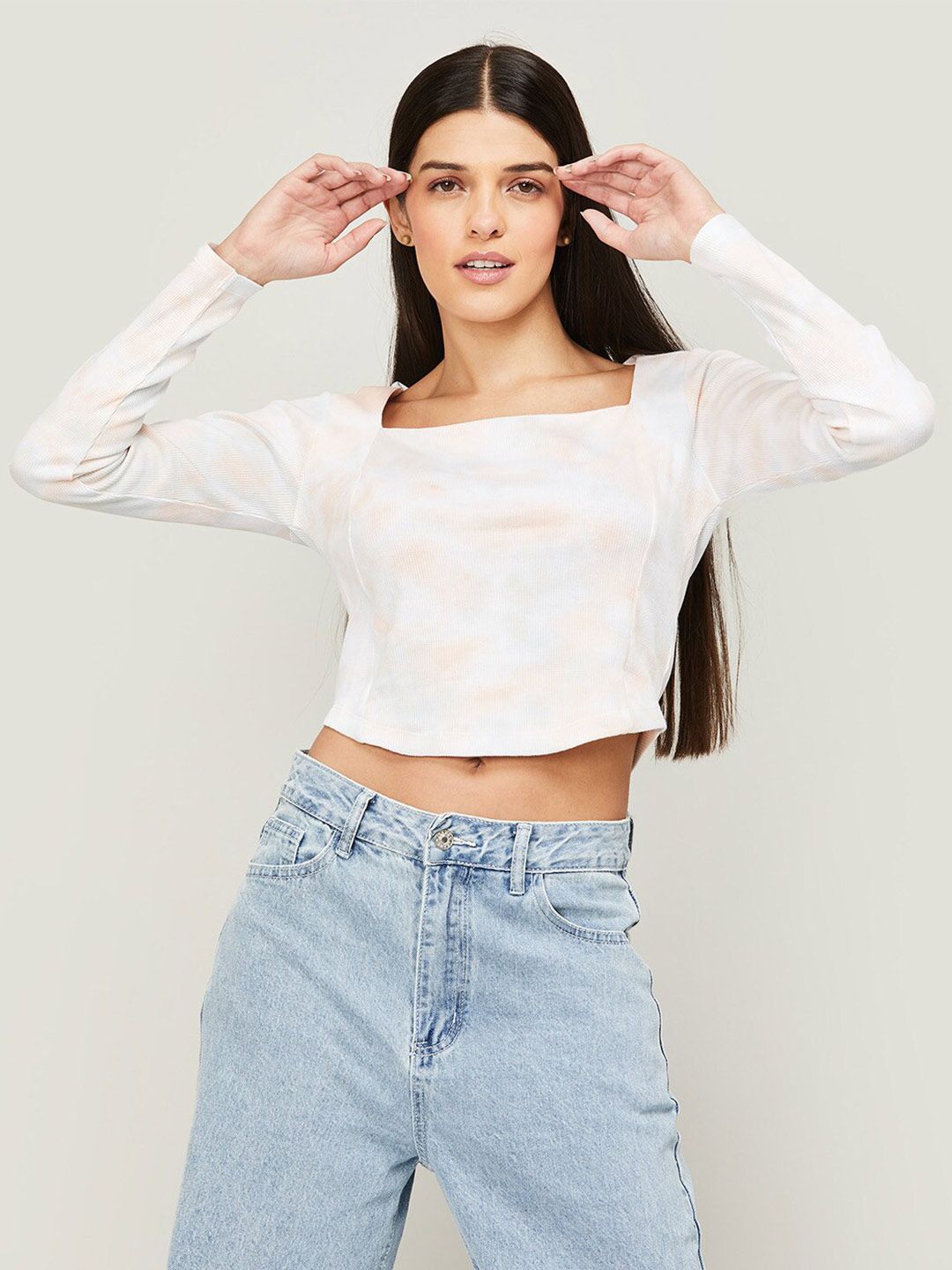 Ginger by Lifestyle White & Peach-Coloured Tie and Dye High-Low Crop Top Price in India