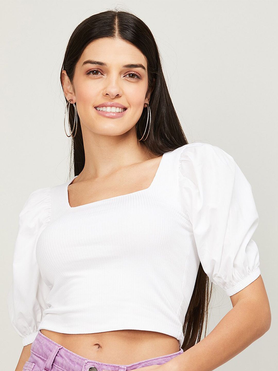 Ginger by Lifestyle White Square Neck Puff Sleeves Crop Top Price in India
