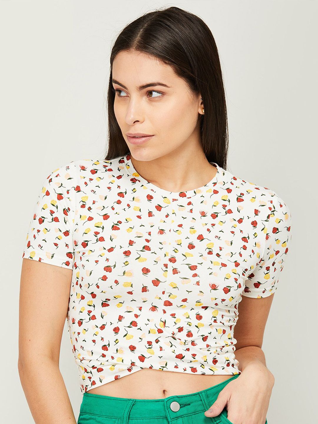 Ginger by Lifestyle White Floral Print Crop Top Price in India