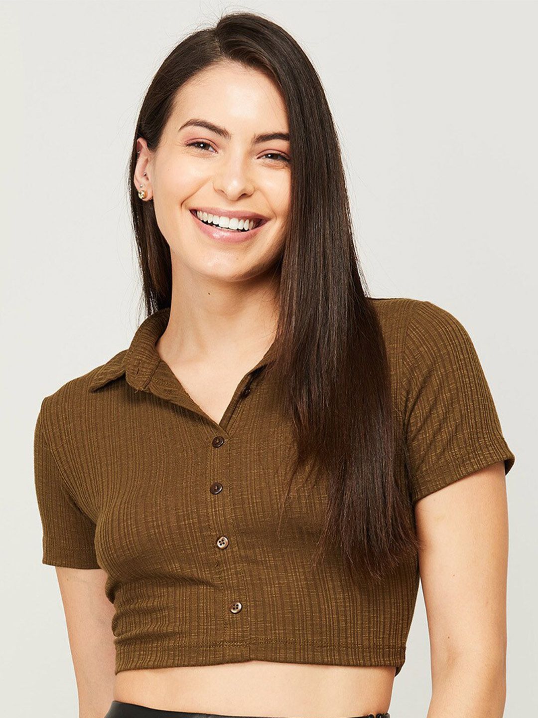 Ginger by Lifestyle Olive Green Shirt Style Crop Top Price in India