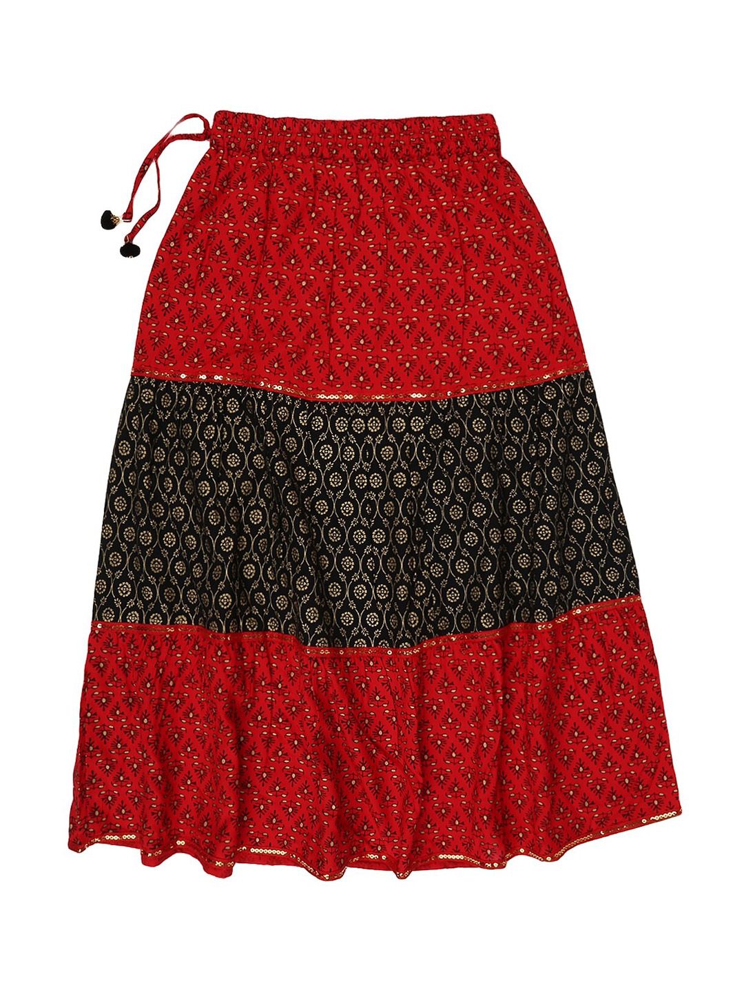 V-Mart Girls Red & Black Ethnic Printed Midi Flared Pure Cotton Skirts
