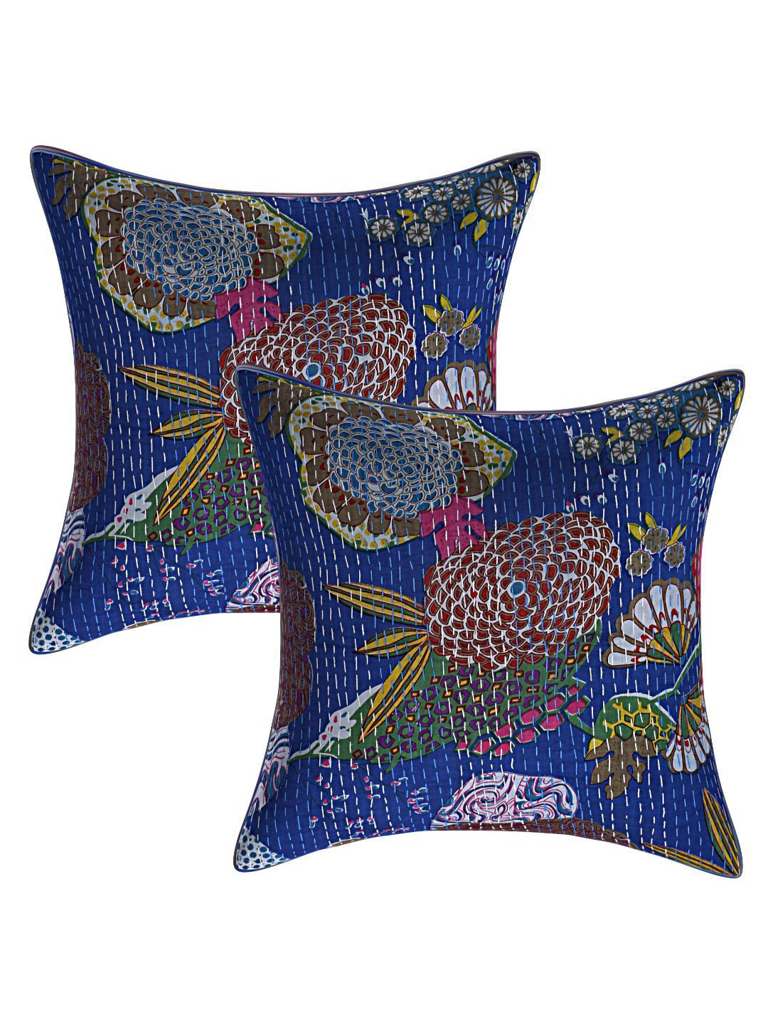 INDHOME LIFE Blue & Green Set of 2 Floral Square Cushion Covers Price in India