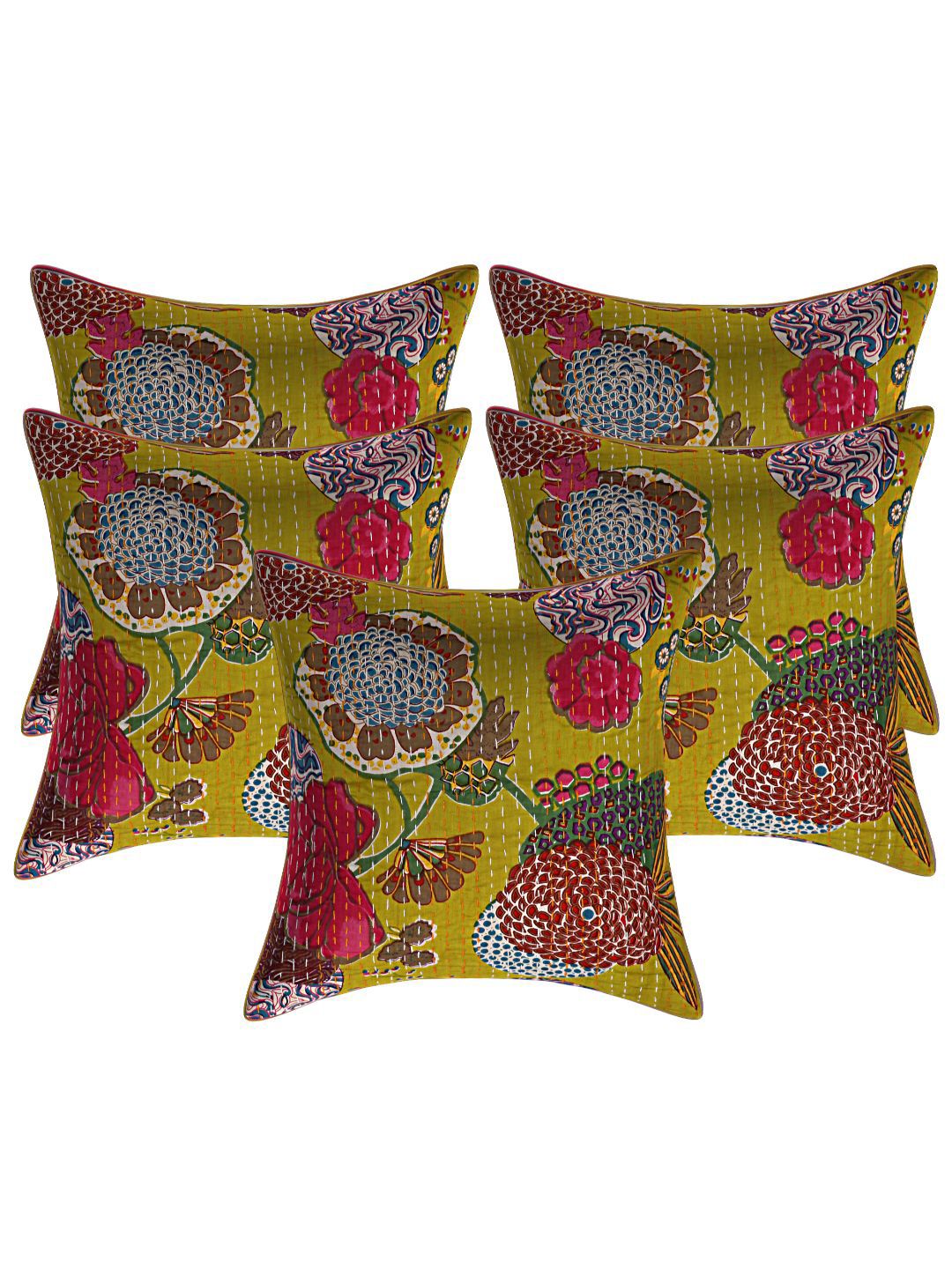 INDHOME LIFE Olive Green & Red Set of 5 Floral Printed Pure Cotton Square Cushion Covers Price in India