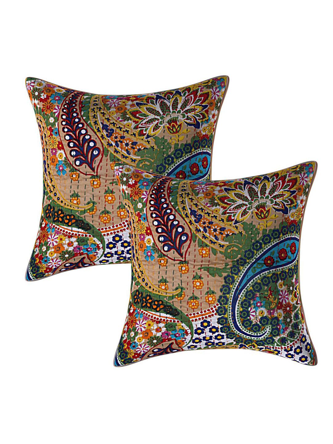 INDHOME LIFE Mustard & Blue Set of 2 Ethnic Motifs Pure Cotton Square Cushion Covers Price in India