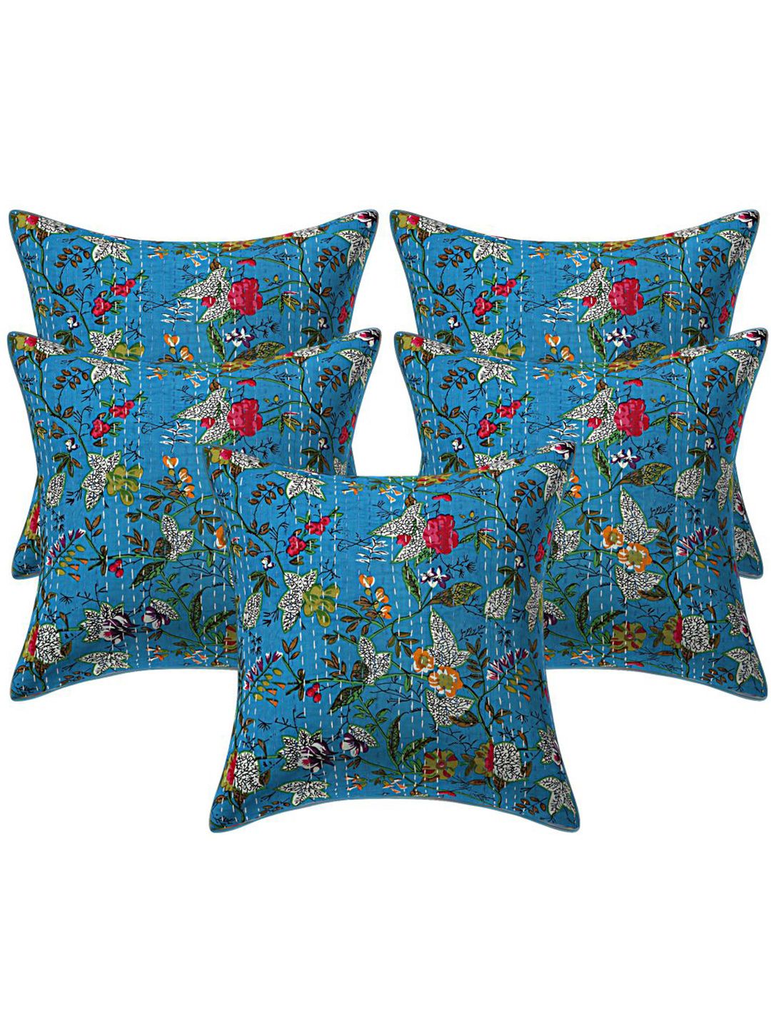 INDHOME LIFE Blue & Red Set of 5 Floral Square Cushion Covers Price in India