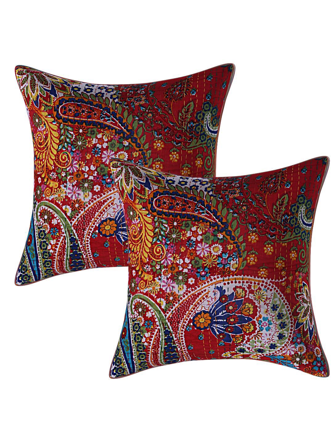 INDHOME LIFE Red & Blue Set of 2 Floral Square Cushion Covers Price in India