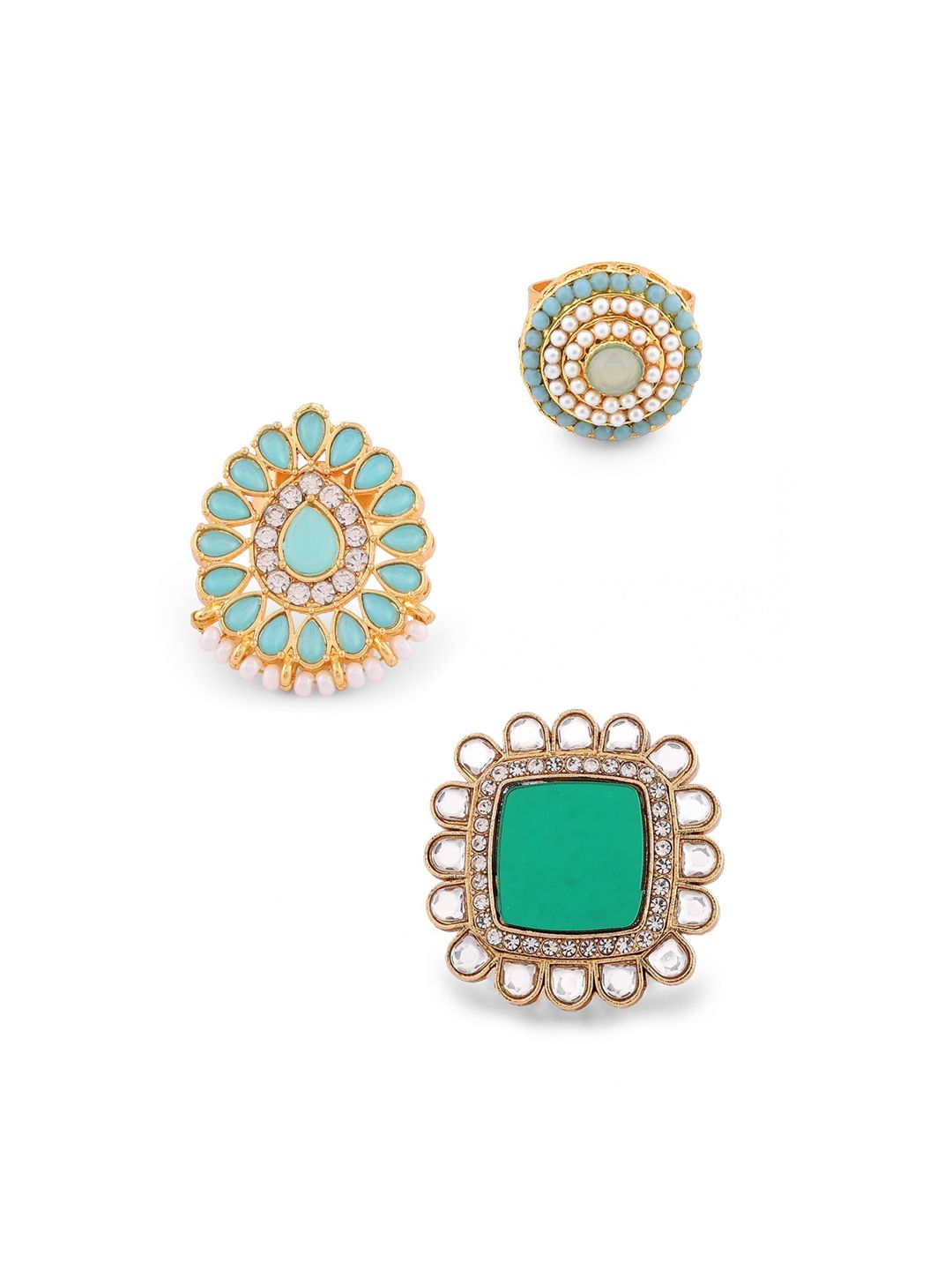 Zaveri Pearls Set Of 3 Gold-Plated Turquoise Blue & Green Kundan Studded Adjustable Finger Ring Price in India