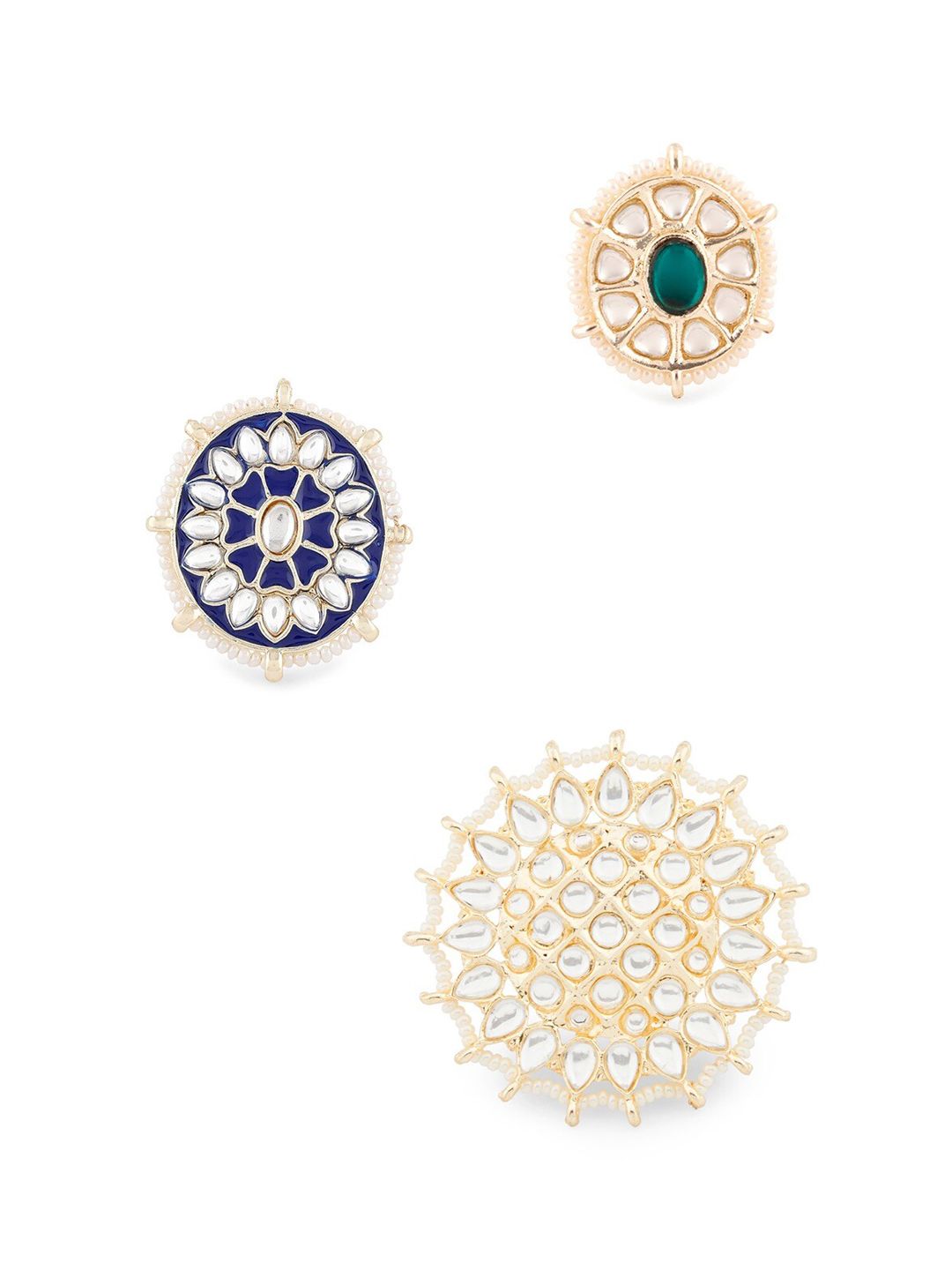 Zaveri Pearls Set of 3 Gold-Plated Green & White Kundan Studded & Beaded Meenakari Adjustable Finger Rings Price in India
