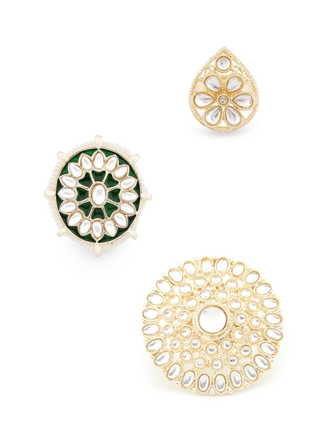 Zaveri Pearls Set Of 3 Gold-Plated White & Green Kundan Studded & Beaded Meenakari Finger Ring Price in India