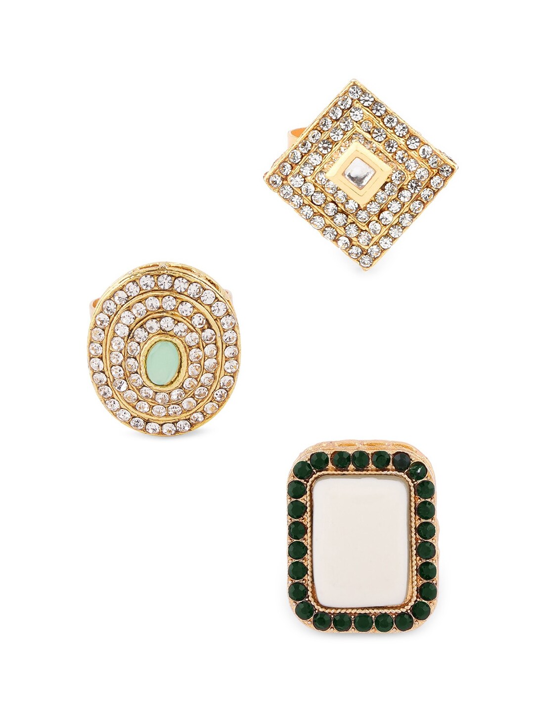 Zaveri Pearls Set Of 3 Green & White AD Studded & Beaded Meenakari Adjustable Finger Ring Price in India