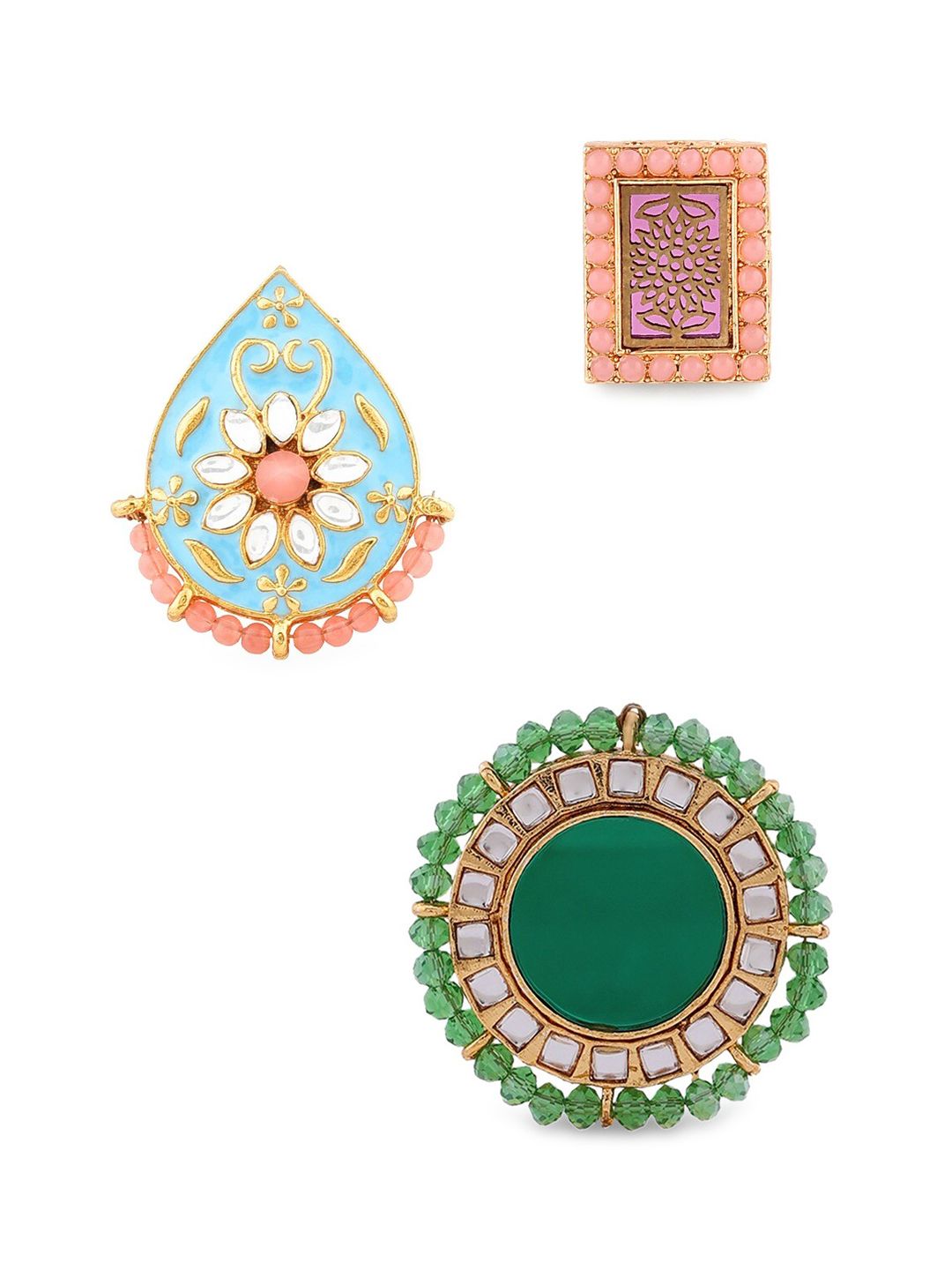 Zaveri Pearls Set Of 3 Gold-Plated White & Green Kundan Studded & Beaded Meenakari Finger Ring Price in India