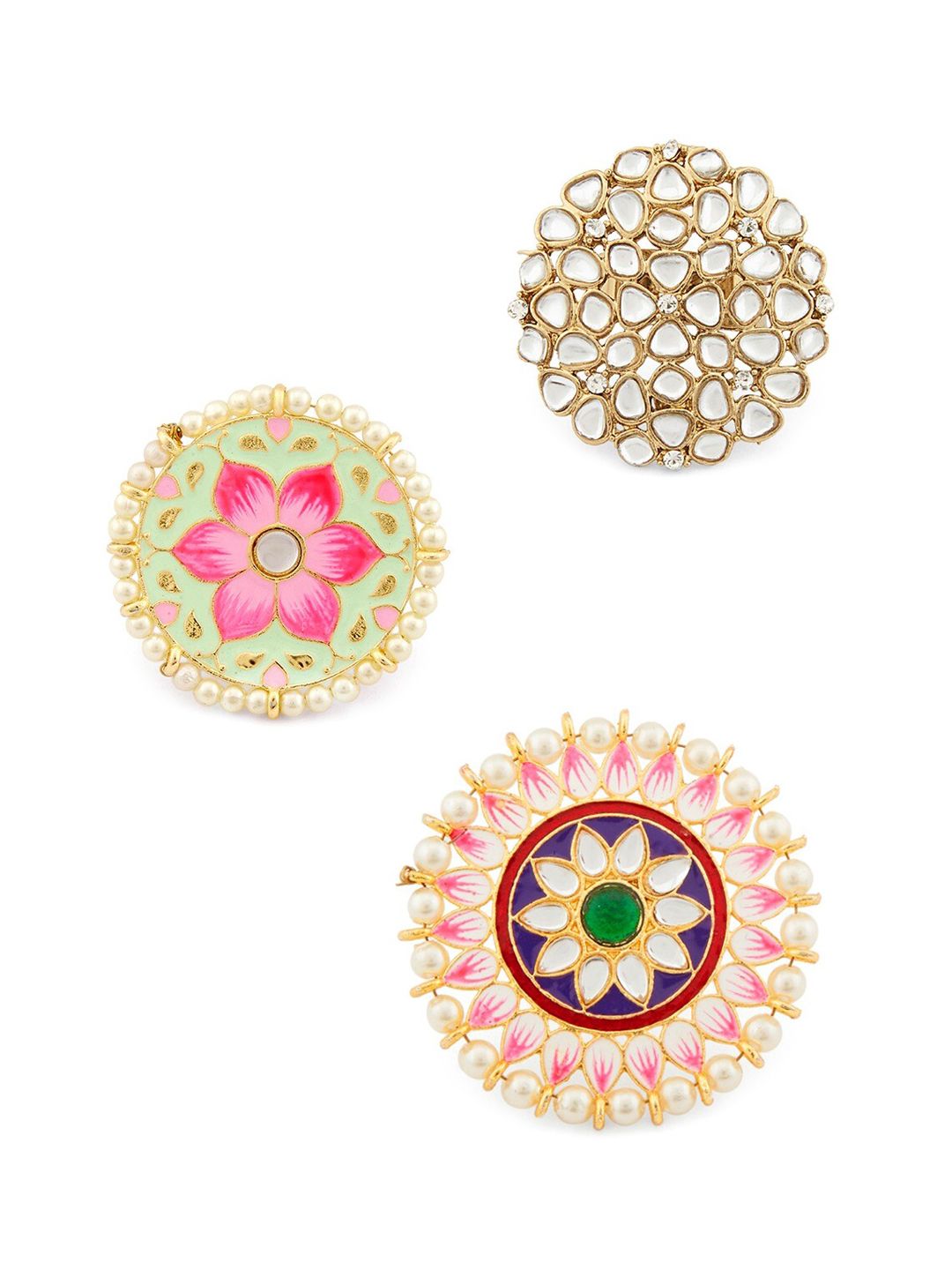 Zaveri Pearls Women Gold-Plated Set of 3 Multicolored Meenakari Floral Ring Price in India