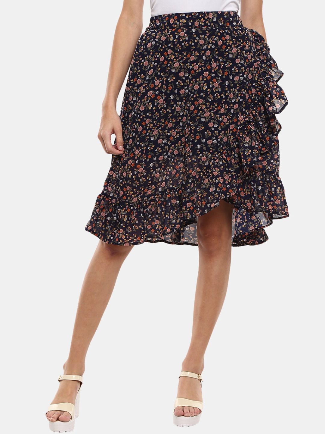 V-Mart Women Navy Blue Floral Printed Georgette Skirts Price in India