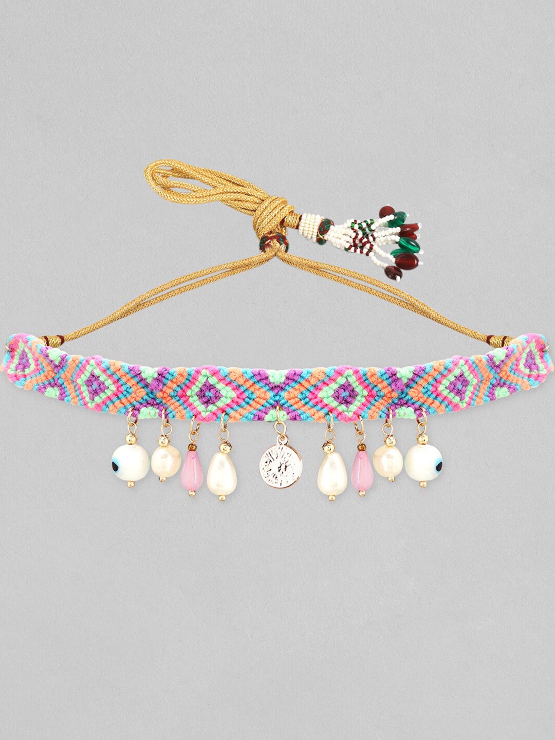 Rubans Voguish Pink & Blue Necklace With Hanging Beads And Pearls Price in India