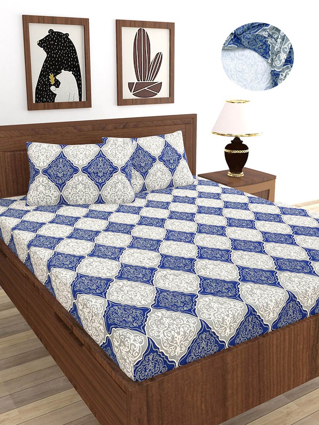 MORADO Blue & Grey Ethnic Motifs 210 TC Queen Fitted Cotton Bedsheet with 2 Pillow Covers Price in India
