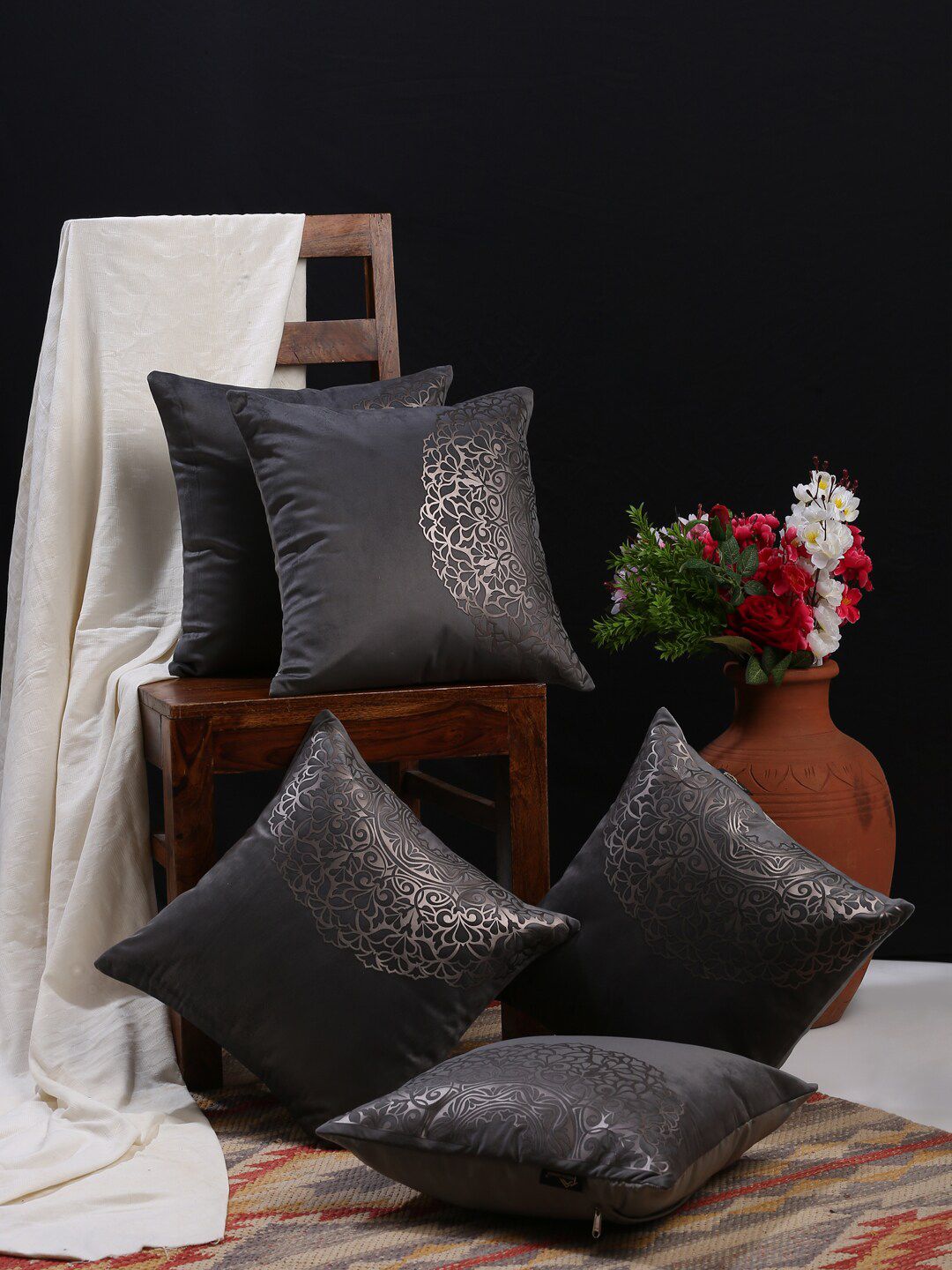 HOSTA HOMES Grey & Gold-Toned Set of 5 Ethnic Motifs Velvet Square Cushion Covers Price in India