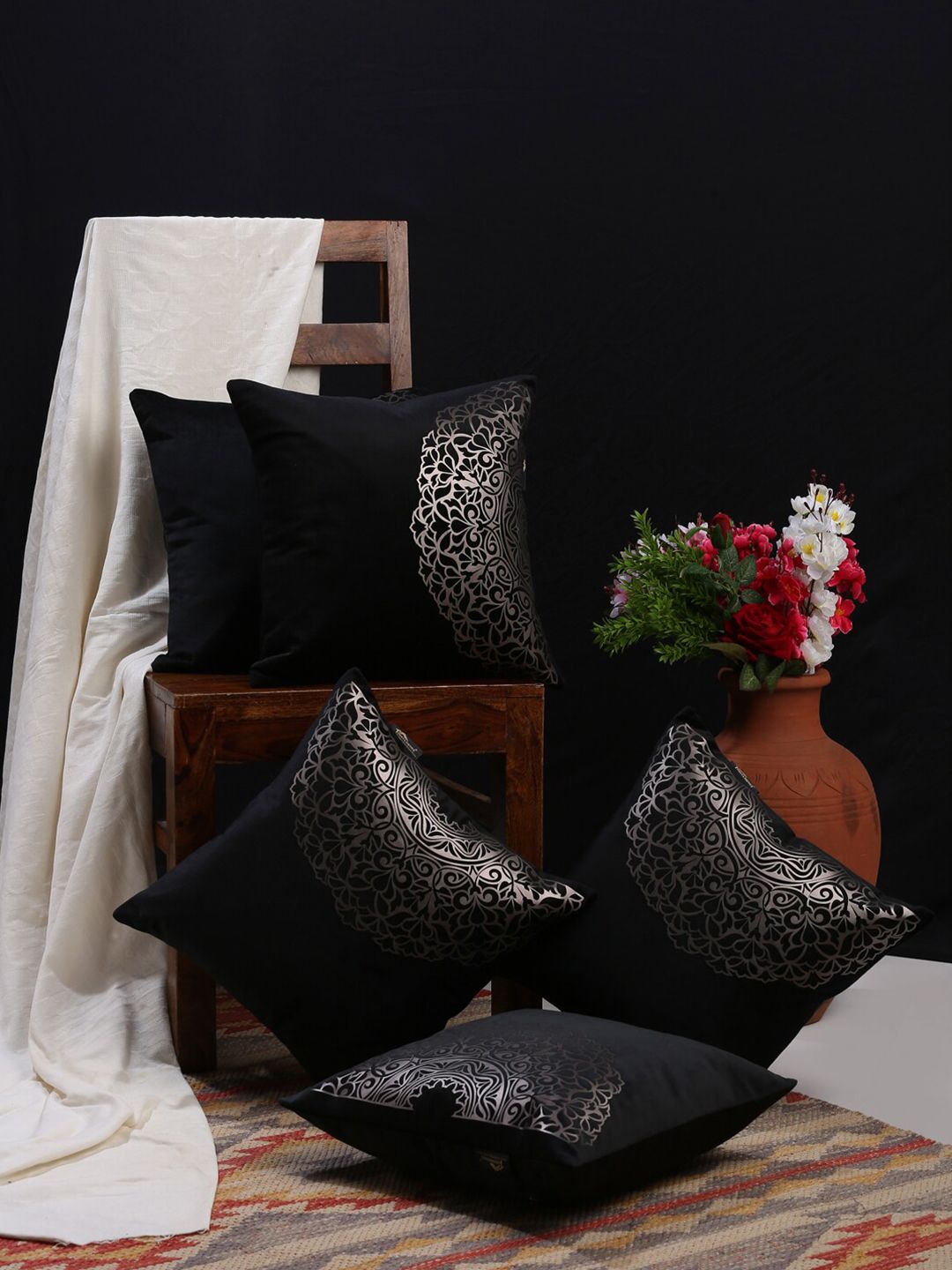 HOSTA HOMES Black & Silver-Toned Set of 5 Ethnic Motifs Velvet Square Cushion Covers Price in India