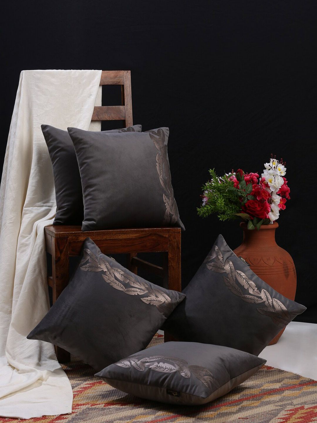 HOSTA HOMES Grey & Gold-Toned Set Of 5 Floral Velvet Square Cushion Covers Price in India