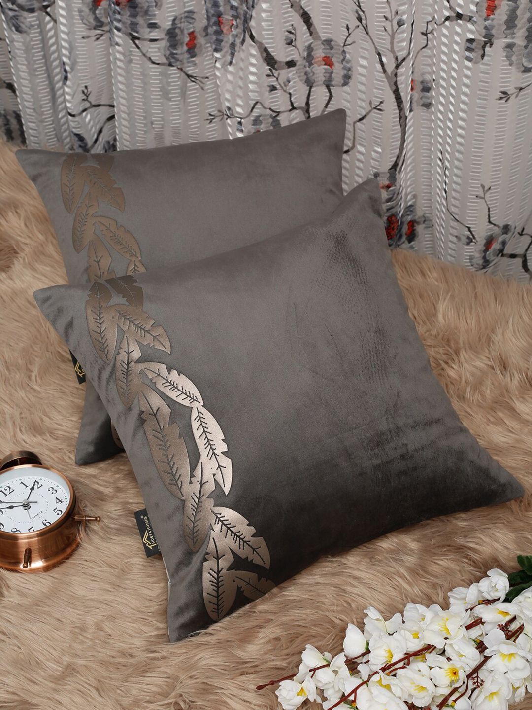 HOSTA HOMES Grey & Gold-Toned Set Of 2 Floral Velvet Square Cushion Covers Price in India